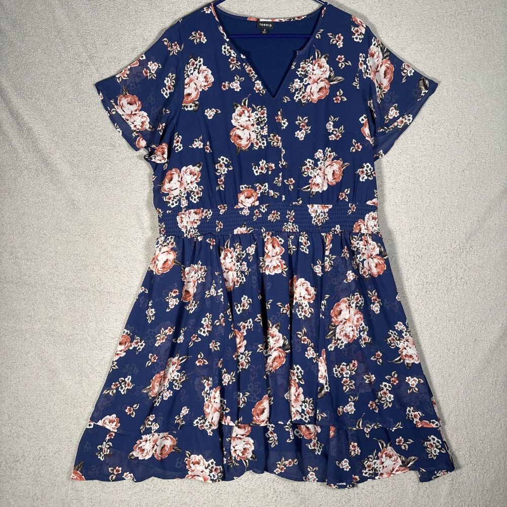 Torrid‎ Dress Women’s Plus Size 3X Blue Floral Mini Navy Blue Roses Garden Party